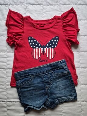 Levi's Girls Red Ruffle Sleeve Tee with Stars & Stripes Butterfly